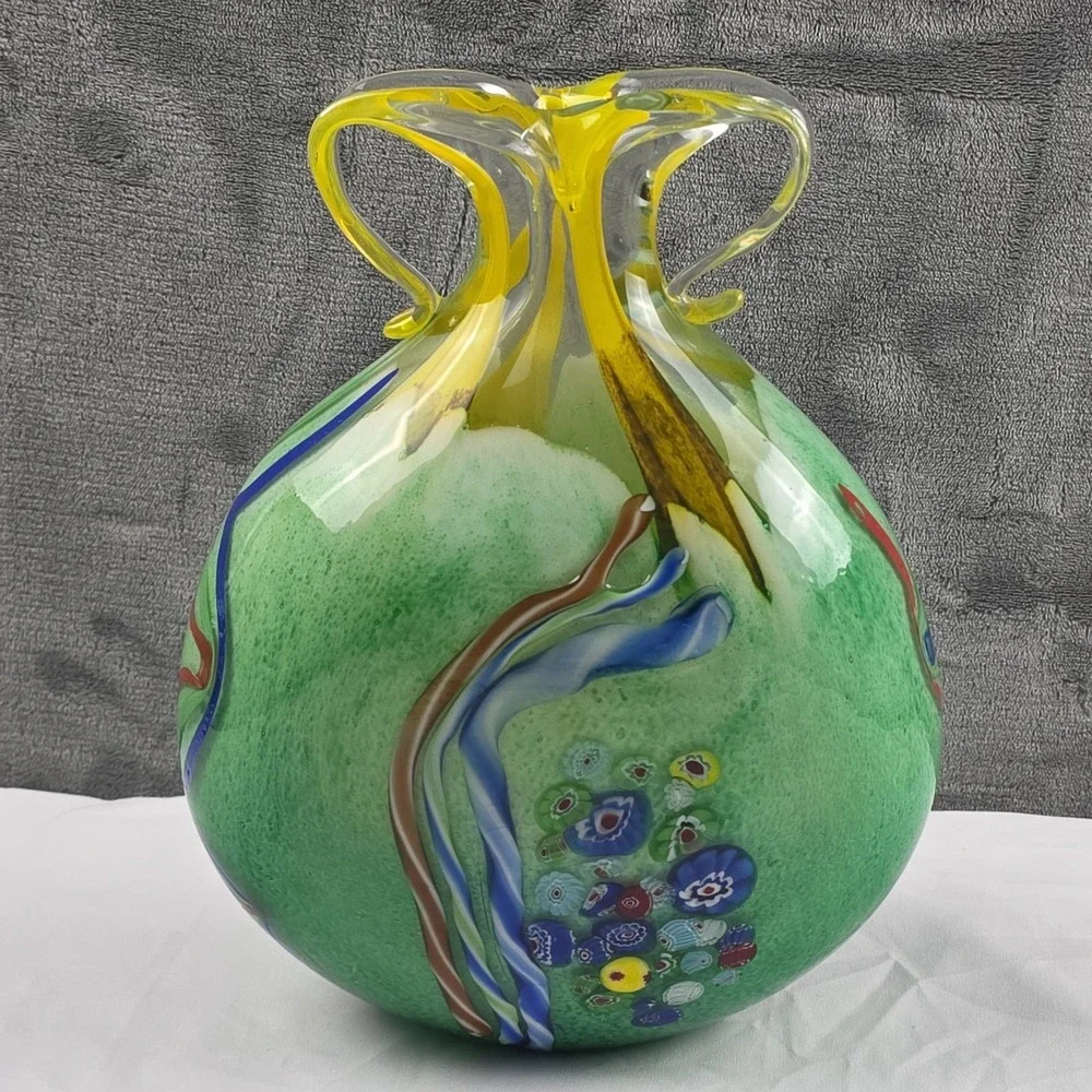 Murano Style Art Glass Vase Millefiori Yellow Green Double Handle Vase 11